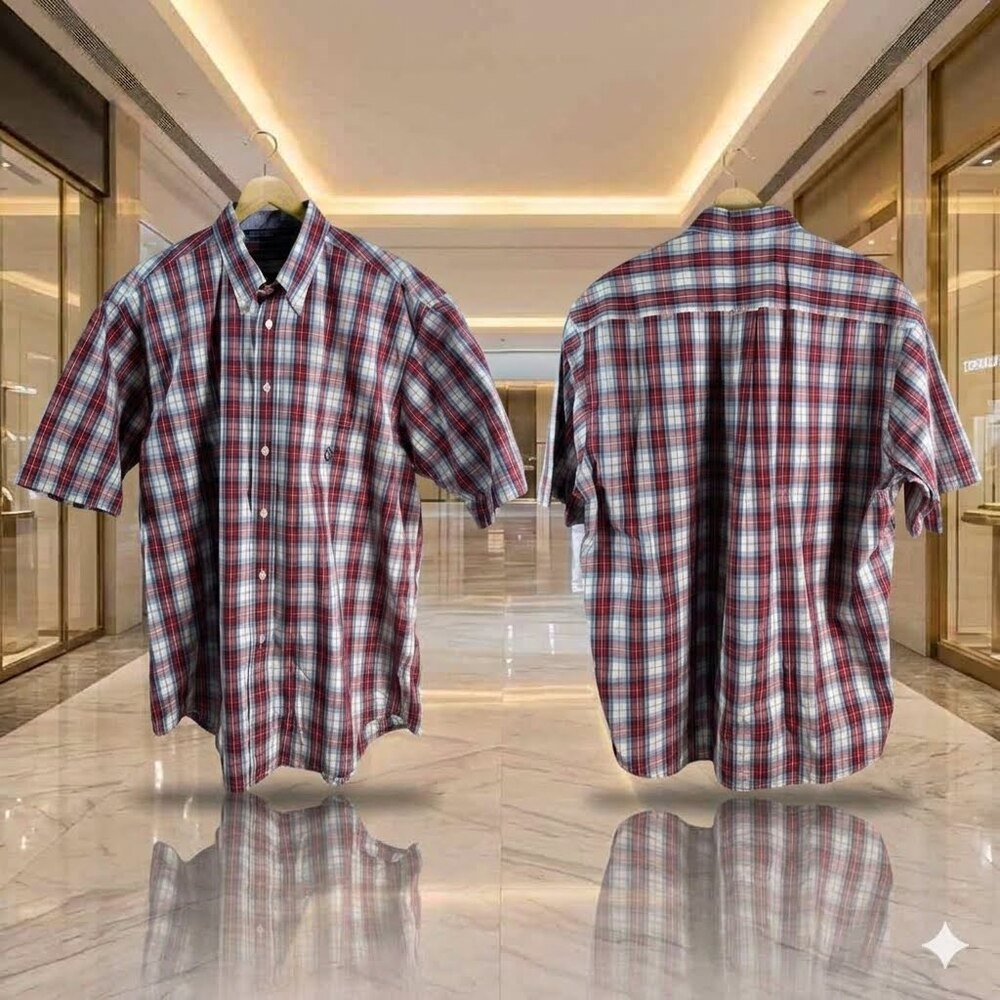 Vintage Nautica Plaid Shirt Men L Red White Blue Short Sleeve Button Up 44-46
